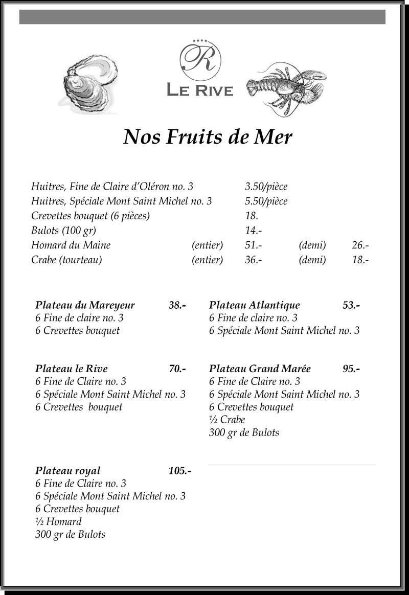 Brasserie Le Rive Nyon Carte fruits de mer