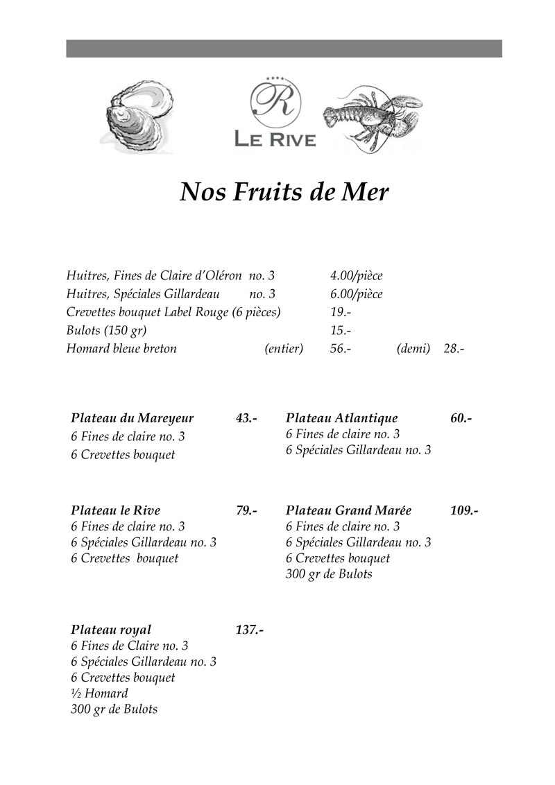 Carte fruits de mer - Hôtel Restaurant Le Rive Nyon