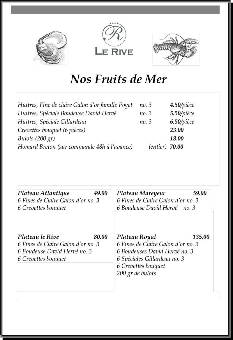 Carte des Fruits de Mer 2025 - 2026 - Restaurant Le Rive Nyon